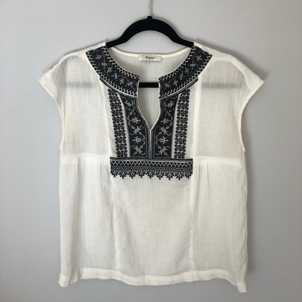 Madewell: White and Black Embroidered Blouse